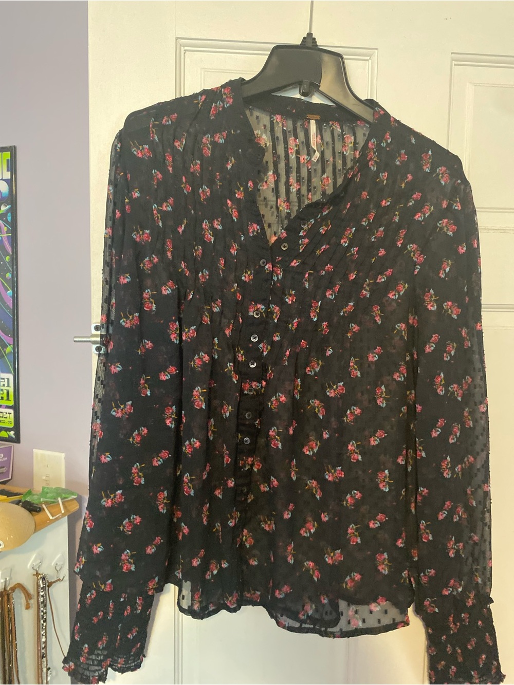 Free People Black Sheer Floral Button-Front Blouse